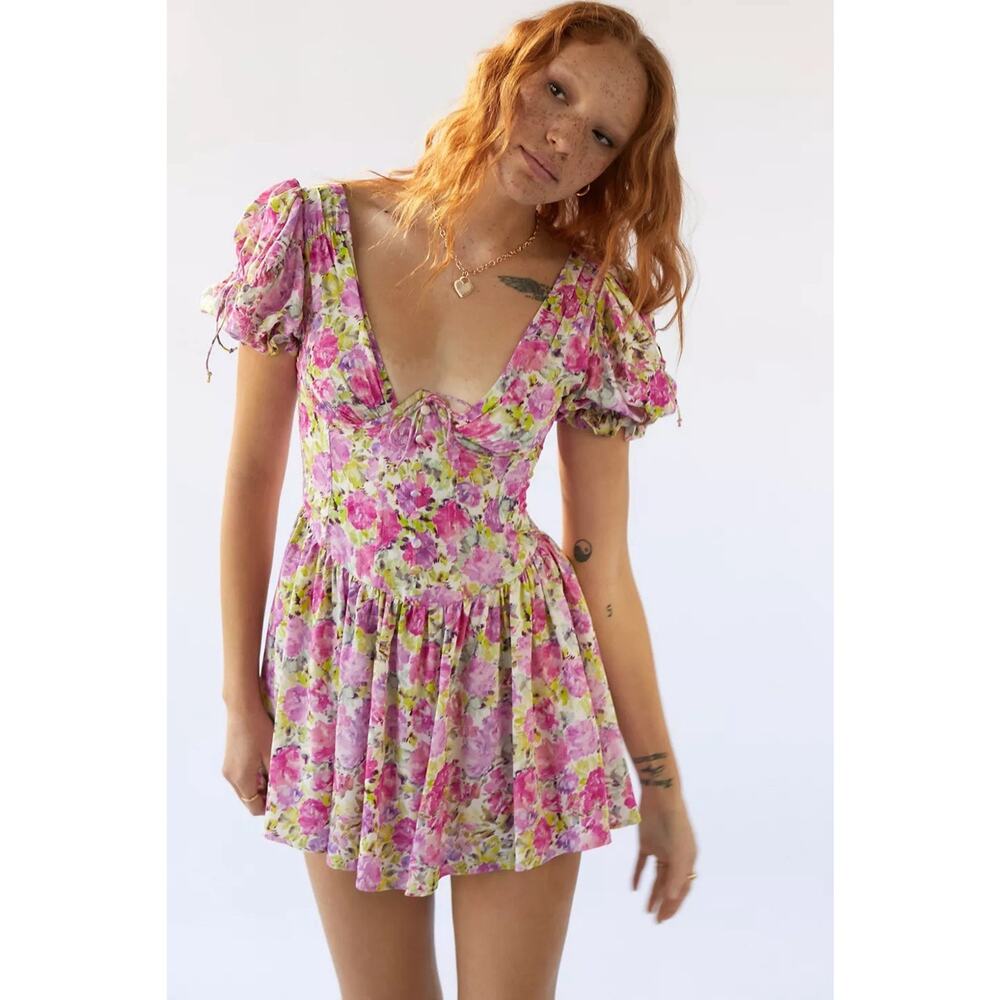 For Love & Lemons Paulina Floral Built In Corset Puff Sleeves Dress Size XS